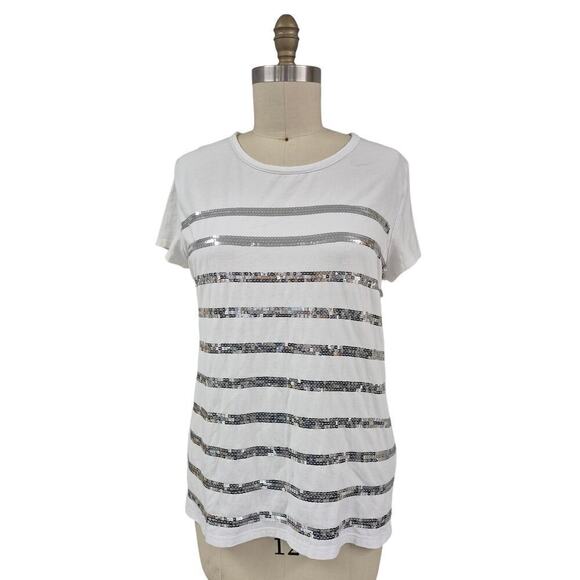 ELLEN TRACY Sz  L white cotton blend T-shirt Bling  silver sequined stripes - Picture 1 of 5